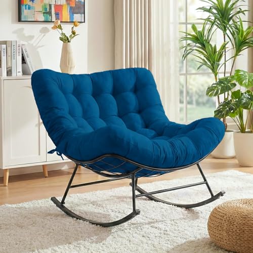 FYRICKYLINOO Cushioned Papasan Rocking Chair for Outdoor Indoor, Oversized Outdoor Rocking Chair with Cushion, Egg Rocker for Patio, Porch, Balcony, Lawn, Bedroom, Living Room, Navy Blue