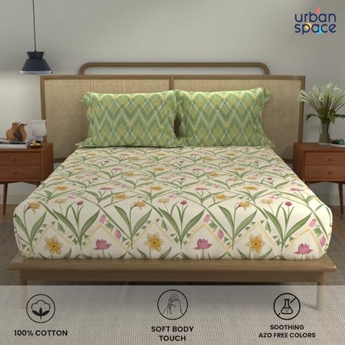 Image of Urban Space Divine 100% Cotton King Fitted Size Bedsheet, 144 TC Super Soft Elastic bedsheets for King Size Bed, Floral Design King bedsheet with 2 Pillow Covers (72 inch x 78 inch, Spring Sage Green)
