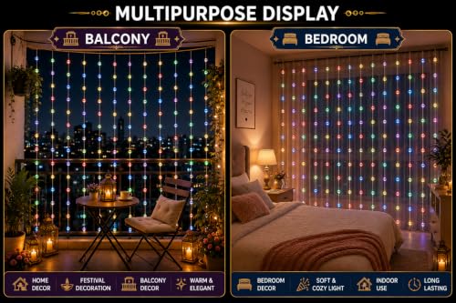 Image of fizzytech Crystal Ball Pendant Fairy Curtain String Lights, 3 x 1 Meter with 8 Lighting Modes for Wedding, Party, Diwali, Christmas & Home Decoration - Multicolour, 80 LED