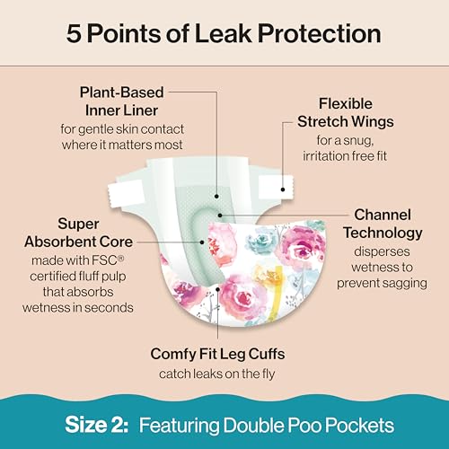 The Honest Company Comfort Dry Disposable Diapers for Sensitive Skin, Hypoallergenic, Rose Blossom + Tutu Cute, Club Box Size 2 (12–18 lbs), 72 Count