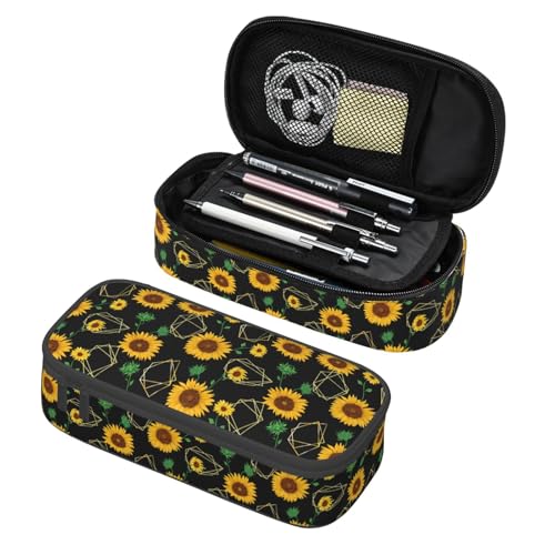 Image of Golden Sunflower Art Pencil Case Big Capacity Storage Pencil Pouch Stationery Bags With Zipper Portable Pen Holder Box Organizer For Boys Student College School Office Supplies