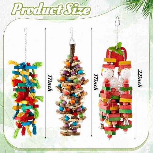 Image of Seenelling 3 Pcs Extra Large Bird Toys for Parrots, Block and Ball | Multicolored Natural Wooden Blocks & Beads Bells, Bird Cage Chewing Toys for Large Medium Macaws African Grey Cockatoos
