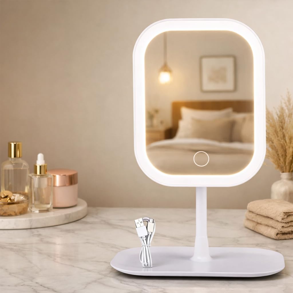 Glassco Vanity Mirror with LED Light Portable Square Mirror with Standard for Makeup, Home, Travel Or Multipurpose Use with Magnification and USB Charging for Desk 300 Mah with 3 Color Modes [White]