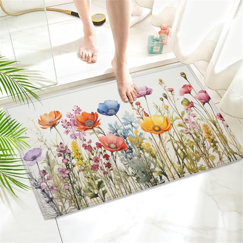 COSHARKLY Wild Spring Flowers Bath Mat,Bathroom Rug,Shower Mats for Bathtub