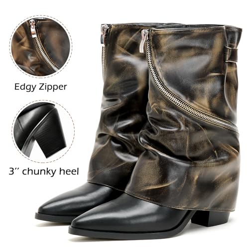 Women's Slouchy Fold Over Boots Mid Calf Cowboy Boots Pointed Toe Chunky Heel Pull On Stacked Boots3