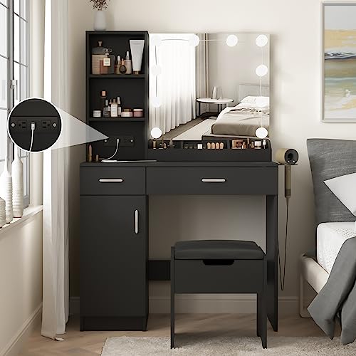 Fameill Escritorio de maquillaje con espejo iluminado y tira de alimentación, juego de mesa de tocador negra con luces y estante para secador de pelo, mesa de maquillaje de 2 cajones, 3 colores de