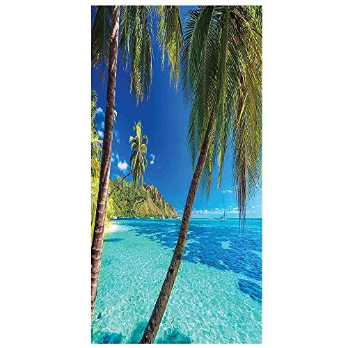 Ocean Adhesive Window Film, Image Of A Tropical Island With The Palm Trees And Clear Sea Beach Theme Print, For Uv Blocking Heat Control Glass Stickers, W23.6 X L59 Inch Turquoise Blue #TOP15