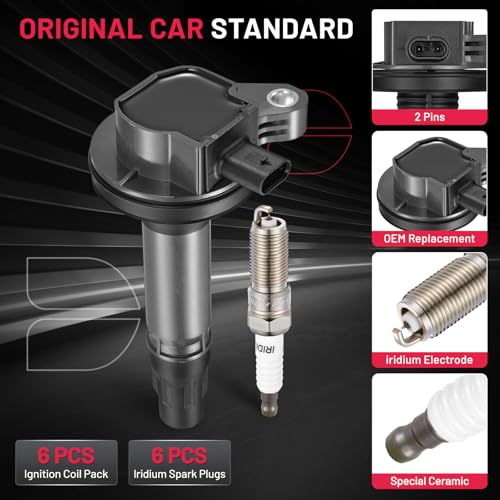 Image of BDFHYK Ignition Coil Pack UF823 and Iridium Spark Plug 6509 Compatible with Ford F150 Edge Mustang Taurus Explorer Transit 150 250 350 HD Lincoln MKT MKX Continental Ford Oem Coil Pack Set of 6