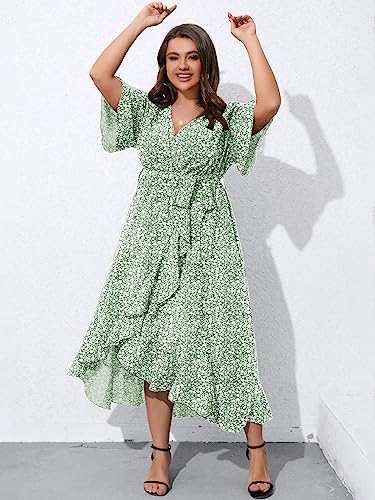 Image of SCOMCHIC Women Plus Size Maxi Dress Short Sleeve Wrap V Neck High Low Split Ruffle Long Dress