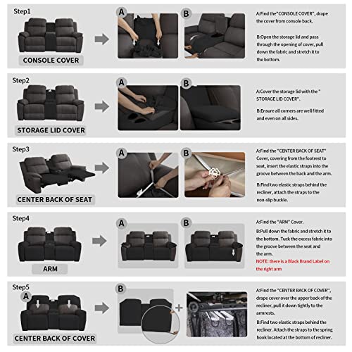 Image of Easy-Going Stretch Recliner Loveseat Cover with Center Console Sofa Slipcover Soft Fitted Fleece 2 Seats Couch with Cup Holder and Storage Washable Furniture Protector Black