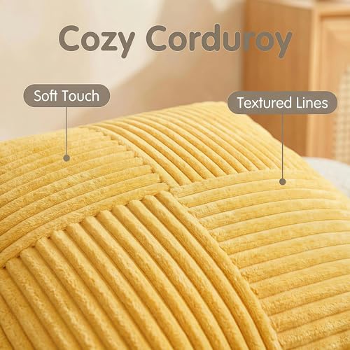 Image of Fancy Homi 2 Packs Yellow Decorative Throw Pillow Covers 22x22 Inch for Living Room Couch Bed Sofa, Rustic Farmhouse Boho Home Decor, Soft Corss Corduroy Patchwork Accent Square Cushion Case 55x55 cm