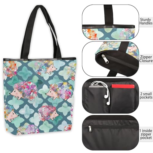 Watercolour Flower Hedgehog Canvas Tote Bag with Zipper and Pockets Canvas Tote Shopping Bag Women Reusable Grocery Bag for Beach Travel Gym Shopping4