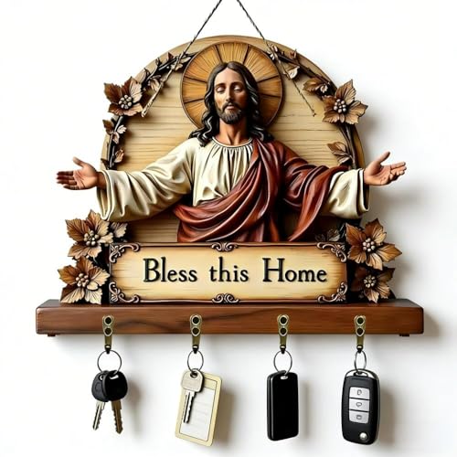 Bless This Home Wood Key Holder Wall Mount 2D Flat May God Bless Key Hooks - image 1