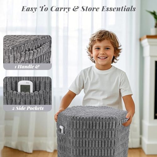 pioncrey Hexagon Pouf Ottoman Stuffed with 2 Pockets & Handle, Comfort Corduroy Poufs, Non-Slip Foot Stool Storage Ottoman, 17.8x14.2'' Foam Floor Poufs Foot Rest for Couch, Bedroom (Gray)