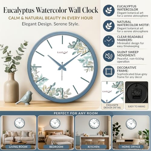 Image of RANDOM Navy Blue Plastic Flower Print Sweep Silent Round Battery Operated Analog Wall Clock for Home Office, Living Room, 30 cm