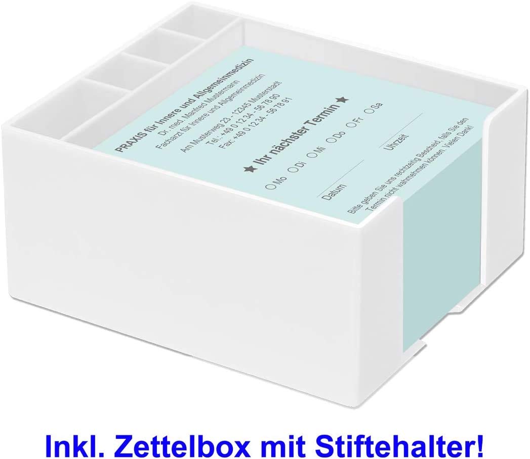 500 Terminzettel Terminkarten nächster Termin mit Ihrer Adresse personalisiert in praktischer Zettelbox mit Stiftehalter 10 x 10 cm (hellblau)