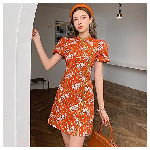 CYNSLX Sommar blommig A-linjeformad klänning dam kortärmad cheongsam-klänningar elegant smal kvällsfestklänning Orange L