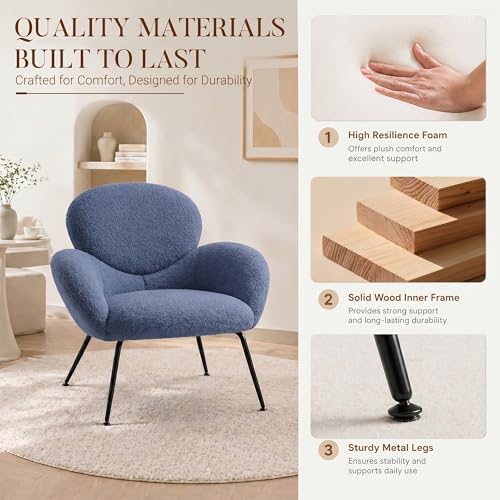 Image of Accent Chairs Set of 2 for Living Room, Boucle Fabric, Blue | Modern Accent Chair with Cloud Backrest, Soft Textured Boucle Fabric, Small Reading Chair for Sunroom, Reception Area