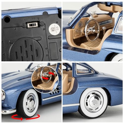 Image of 1:24 Scale MER-CEDES Ben-Z 300SL Die-Cast Metal Car with Sport car Openable Doors Light and Sound,Pull Back Function Indoor Outdoor Toy for Kids (Blue)