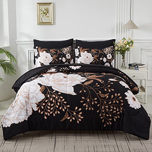 Yogeneg 5 Piece Bed in a Bag Twin Size Comforter Set Botanical Floral Bedding Set,White Flower Leaves Printed on Black Reversible Design,Soft Microfiber Comforter with Sheet Set,All Season(Black,Twin)