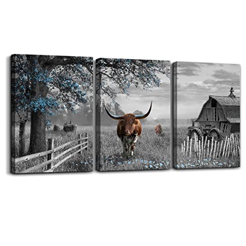 yiijeah Arte de pared grande de vaca marrón, decoración de pared de árbol azul, decoración de pared para sala de estar, decoración de pared rústica para dormitorio principal, decoración de pared sobre