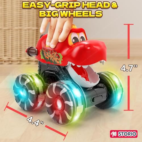 Image of Storio 3 Pack Dinosaur Car Toys, Press & Go Dino Monster Truck Set with Light Up LED Wheels, Friction Powered, for Kids 2-8 Years, Birthday Gift