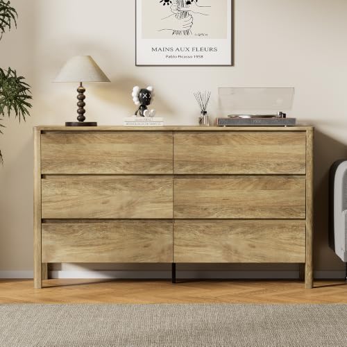 Image of 55.1 inch Wide 6 Drawer Wood Dresser for Bedroom with Legs, Natural Oak
