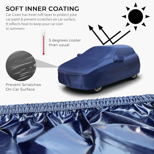 Image of 100% Waterproof Car Body Cover Compatible with Renaults Triber (2015 to 2026), with Mirror Pockets, Long Lasting Strong Durable Material, Bottom Elastic Triple Stitched (Blue)