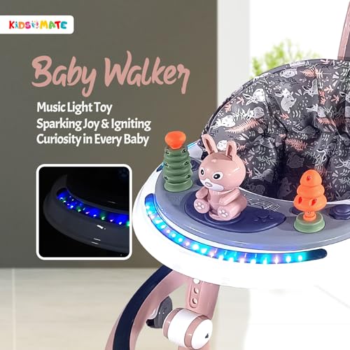 Image of Kidsmate 360 Baby Walker for Boys & Girls | 6-24 Months | 7-Level Height Adjustment | Musical RGB Lights | Dual Tray for Food & Toys | Safe, BPA-Free & Comfortable Baby Walker (Radiant Pink)