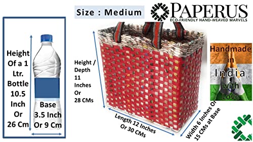 Image of Paperus, MEDIUM, Red Check, Lunch Bag, Picnic Basket, Handbag, Carry Bag, Tiffin Basket for Office, Eco-Friendly, Handmade, of Paper Ropes, 6 inch Wide Base 11 inch Height 12 inch Length, 10 Liters