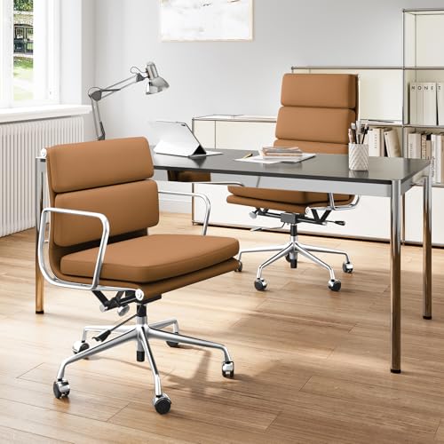 Image of Genuine Leather Office Chair, Padded Mid Back Ergonomic Executive Desk Chair with Aluminum Arm Rest and Base, Swivel Wheels with Lumbar Support & Tilting Function, Hight Adjustable Light Brown