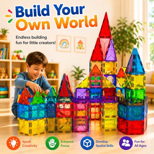 Image of LATI 130-Piece Magnetic Tiles Building Toy Large Set for Kids,Magnetic Building Blocks Construction Set,Open-Ended Play STEM Educational Toy,Compatible with Other Brands,Gift for Boys & Girls Ages 3-8