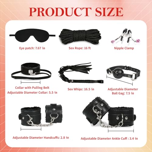 Image of BDSM Bondage Sex Toys Restraints - 8 Kit Gear for Ball Gag Sex Whip Cuffs Rope Collar Blindfold Leash (Black)