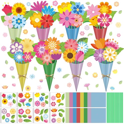 Motipuns 48 Sets Valentine's Day Crafts Kit DIY Flower Paper Crafts Colorful Bouquets Make Your Own Valentine Flower Gifts for Spring Valentine's Handmade Project Mother's Day Home Activities