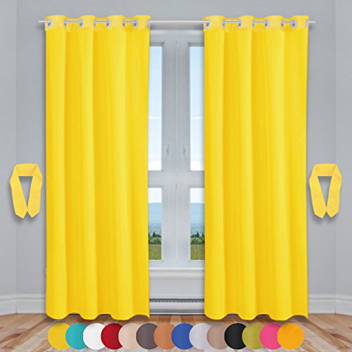 Bestlivings Lot de 2 rideaux décoratifs à œillets avec embrasses et crochets, 140 x 145 cm, Polyester, Jaune - Jaune soleil, 140 x 245 cm