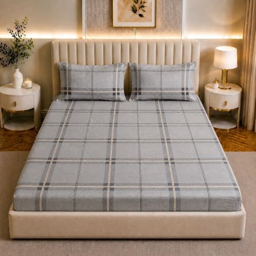 Image of Castiqa 400 TC Cotton Feels All Over Elastic Fitted Bedsheet Set Perfect Upto 10inch Mattress with 2 Matching Pillow Covers Size-18x28inch (Queen Size 60x78, Grey Check)
