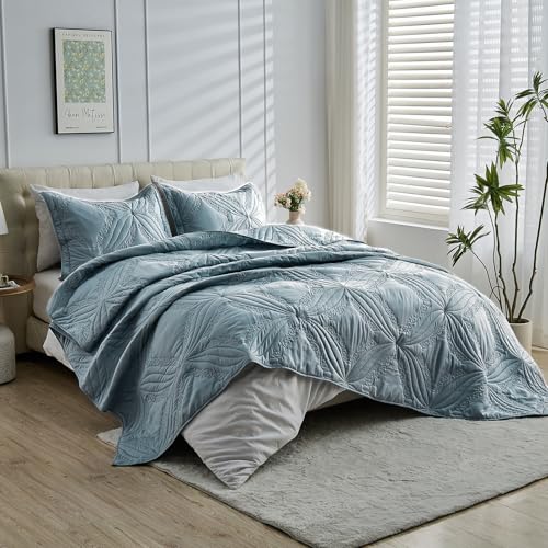 Image of Kingnex Oversized King Bedspreads 128x120 for Tall King or Cal King Bed Ultrasonic Quilted Coverlet Set 3 Piece Include 1 Extra Wide Quilt 2 Pillowcases Blue
