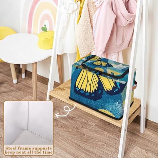 Storage Baskets with Lid Butterfly Cartoon Storage Bins Storage Box Collapsible Canvas Closet Shelf Basket Toy Book Clothes Organizer 1 pack
