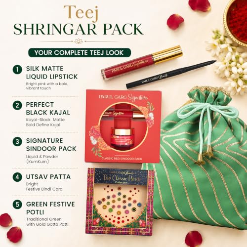 Image of Parul Garg Beauty Teej Shringar Pack | Festive Makeup Gift Set with Juliet Rose Silk Matte Liquid Lipstick, Kajal, Signature Sindoor, Utsav Bindi Patta | Potli Colour May Vary