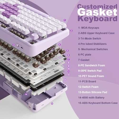 Image of YUNZII B87 Wireless Mechanical Keyboard,QMK /VIA Programmable,TKL Layout 87 Keys,BT /2.4G /USB-C,Hot Swap Gasket Mount RGB Backlit Gaming with Wrist Rest for Win /Mac (Purple Heart, Cocoa Cream V2)