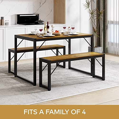 Gizoon 45.5" Dining Table Set for 4 with Benches - Retro Kitchen & Dining Room Furniture, Space-Saving Design, Metal Fra