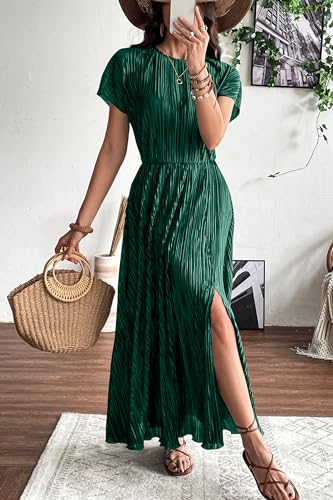 Image of CCTOO Womens Summer Maxi Dresses: Casual Short Sleeve Crewneck Slit Sundress Ruffle Pleated Long Flowy Party Cocktail Dress