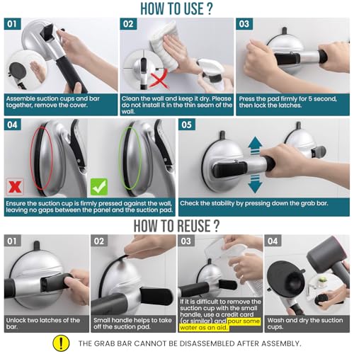 Image of TAILI Shower Grab Bars,Suction Shower Handles,Upgraded,Maximum 330lbs,Black | Safety for Bathtubs,Toilet,Elderly&Seniors,Bathroom Grip Bar Heavy Duty Handrails,No Drilling Removable Waterproof,14.9 inch