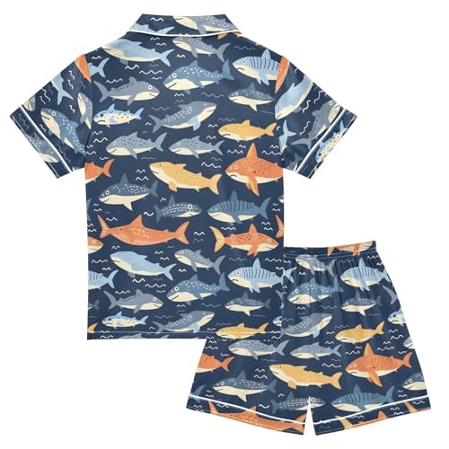 ALAZA Fish Chevron Navy Satin Pajamas Set Short Sleeve Button Down Sleepwear Summer Pjs 2 Piece2