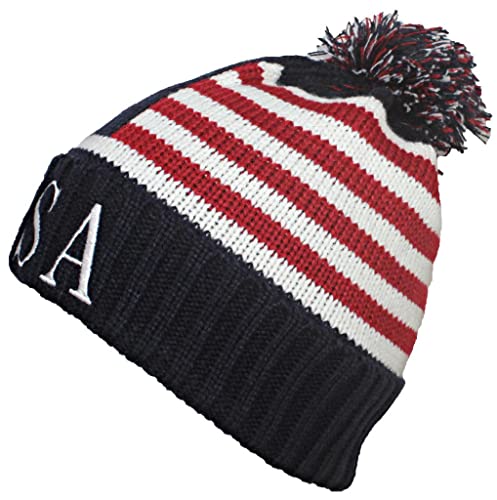 Image of American Flag Beanie Embroidered USA Centurion Font W /Pom Pom