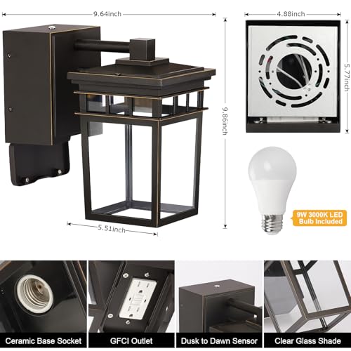 Image of Porch Light with GFCI Outlet Built in, Dusk to Dawn Outdoor Lighting with Outlet, Waterproof Anti-Rust Alunmium Exterior Wall Mount Fixture, Outside Light for House Garage Front Door, Bulb Included