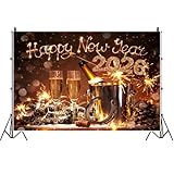 AOFOTO 10x7ft Happy New Year 2026 Backdrop Champagne Wine Beer Gold Sparklers Fireworks Bokeh Light Spot New Year's Eve Backdrop Banner Carnival Celebration Background Party Decorations Props