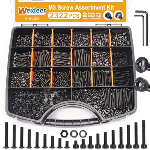 Image of weideer 2322pcs Metric Screws Assortment,M3 Screw Assortment Kit,M3x4MM-35MM,12.9 Alloy Steel Hex Socket Head 10.9 Alloy Steel Hex Button Head,Bolts Nuts and Washers with Allen Wrench for 3D Printing