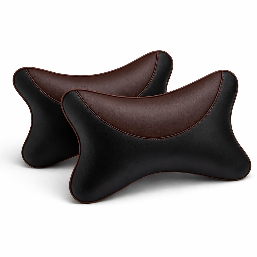 Premium Car Neck Rest Pillow Set of 2 – Black-Brown PU Leather Headrest Cushion for Ergonomic Neck Support-image-13