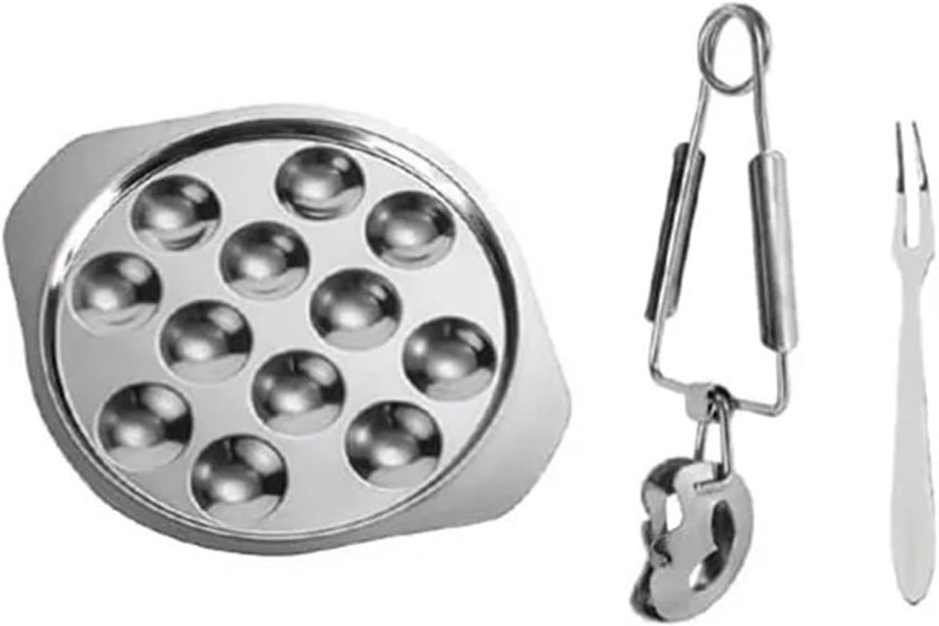 Snail Escargot Plate Stainless with Tong Forks Round Serving Tray for Home BBQ
